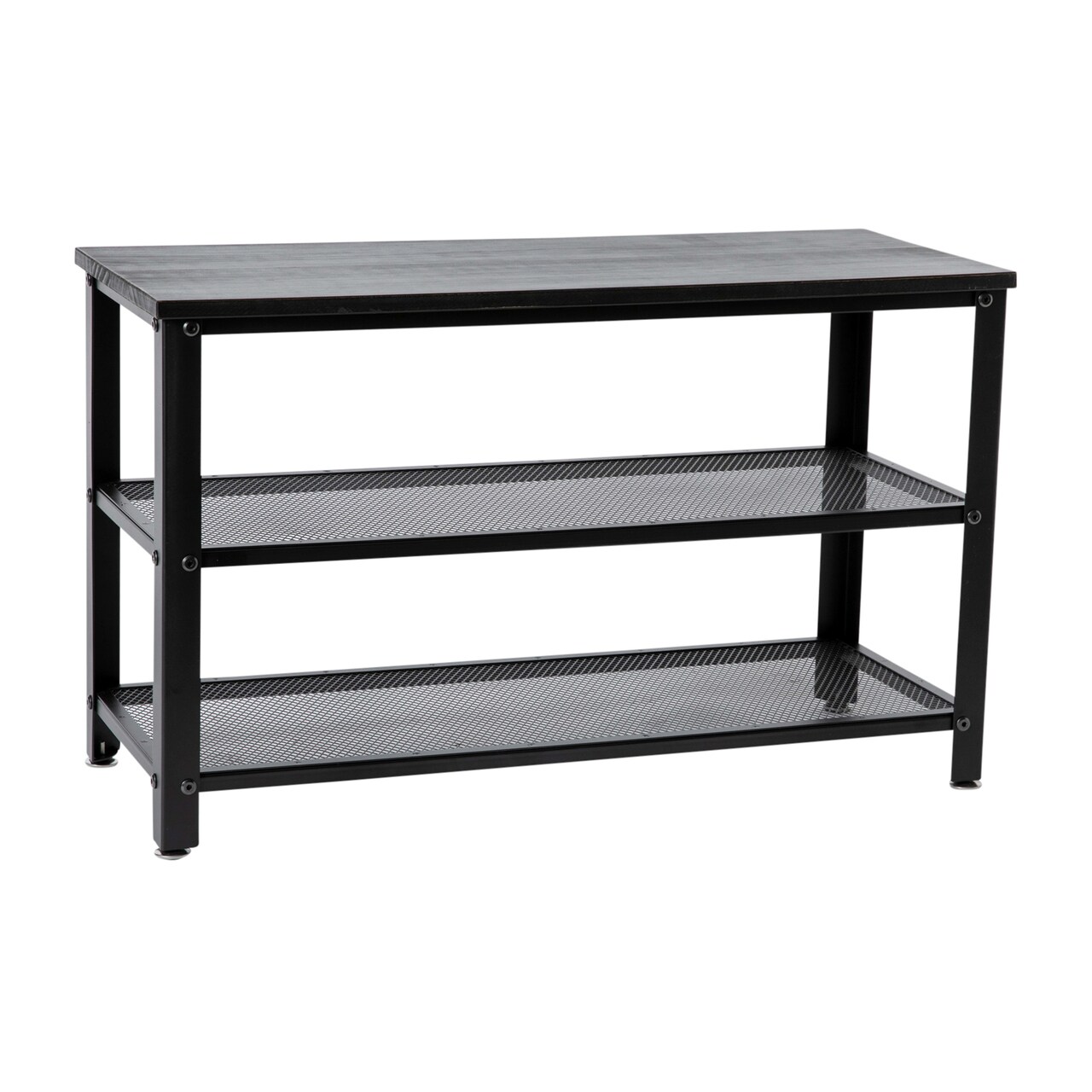 Emma and Oliver Isla 3-Tier Storage Bench with Metal Mesh Shelves for Entryway, Mudroom, or Bedroom